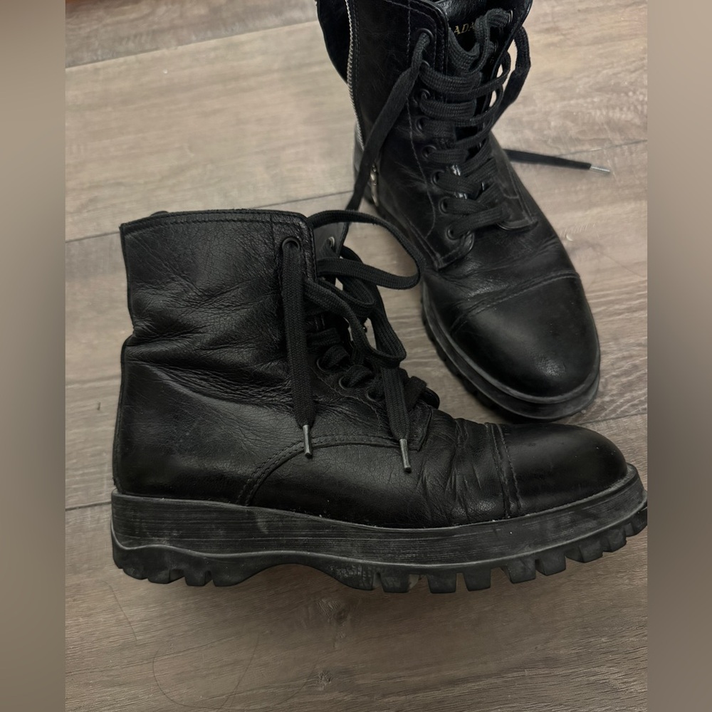 PRADA Combat Boots Black Leather Lace Up Womens Size US5 (4.5)